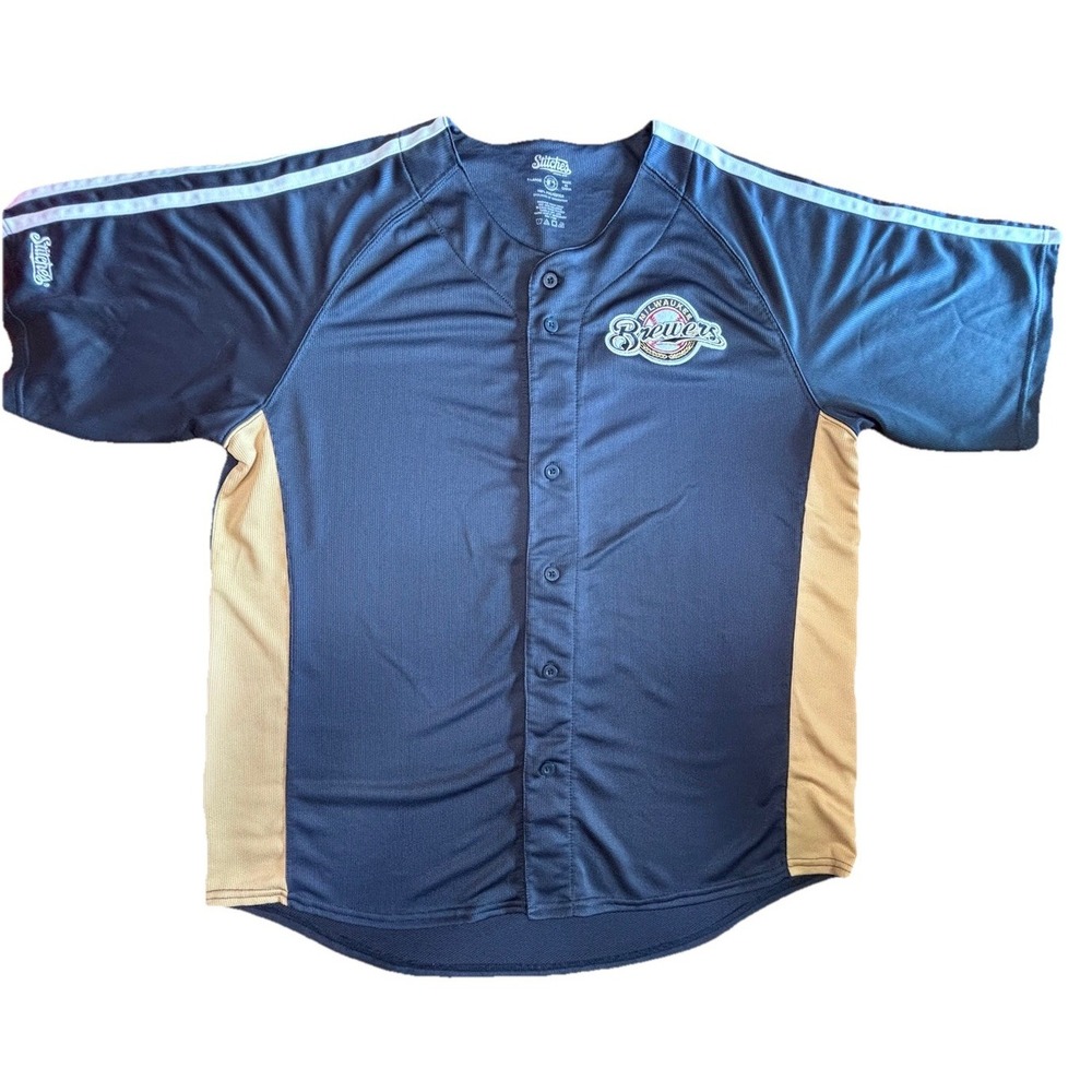 Milwaukee Brewers Stitches Button Jersey Men's XL Navy Gold MLB Baseball Shirt